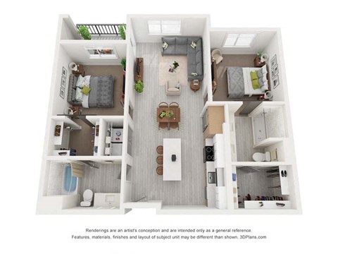 Floor plan for 2 beds, 2 baths, 1033 sqft